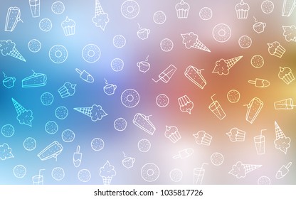 Light Blue, Yellow vector pattern with delicious cookies. Confections on blurred abstract background with colorful gradient. Template of children's food in cafe.
