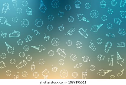 Light Blue, Yellow vector pattern with delicious cookies. Decorative shining illustration with sweets on abstract template. Pattern for menu of cafes and restaurants.
