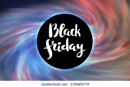 Light Blue, Yellow vector pattern with a black hole, stars. Abstract illustration with glitter colorful cosmic stars. Template for Black Friday sales.