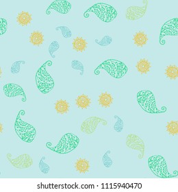 Light Blue, Yellow vector seamless doodle backdrop with leaves and flowers. Colorful abstract illustration with leaves in doodle style. Textured pattern for a website, banner.
