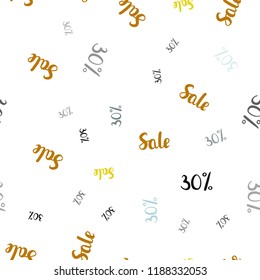 Light Blue, Yellow vector seamless pattern with 30 percentage signs. Shining colorful illustration with isolated selling prices. Pattern for ads, posters, banners of sales.