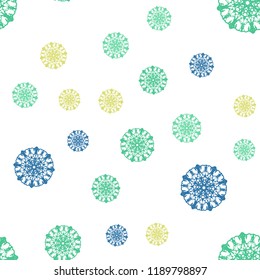 Light Blue, Yellow vector seamless background with xmas snowflakes. Snow on blurred abstract background with gradient. Pattern for design of window blinds, curtains.