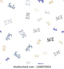 Light Blue, Yellow vector seamless texture with selling prices 50 %. Colored words of sales with gradient on white background. Template for season sales, shopping ads.