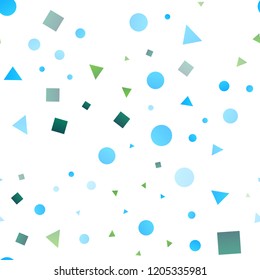 Light Blue, Yellow vector seamless background with triangles, circles, cubes. Illustration with set of colorful circles, triangles, squares. Pattern for design of window blinds, curtains.