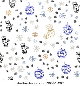 Light Blue, Yellow vector seamless pattern with christmas snowflakes, balls, socks, mittens. Colorful decorative design in xmas style. Template for business cards, websites.