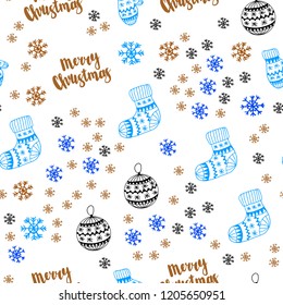 Light Blue, Yellow vector seamless background with xmas snowflakes, balls, socks, mittens. Modern geometric abstract illustration. Design for wallpaper, fabric makers.