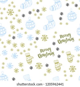 Light Blue, Yellow vector seamless template with ice snowflakes, balls, socks, mittens. Colorful illustration with xmas symbols. Design for textile, fabric, wallpapers.