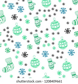 Light Blue, Yellow vector seamless texture with colored snowflakes, balls, socks, mittens. Colorful illustration with xmas symbols. Design for textile, fabric, wallpapers.