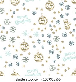 Light Blue, Yellow vector seamless background with xmas snowflakes, balls, socks, mittens. Shining colorful illustration in christmas style. Pattern for trendy fabric, wallpapers.
