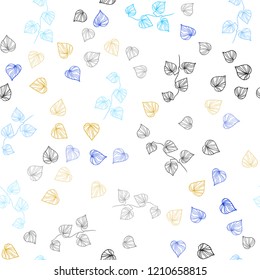 Light Blue, Yellow vector seamless doodle backdrop with leaves. Shining colored illustration with leaves in doodle style. Pattern for design of window blinds, curtains.
