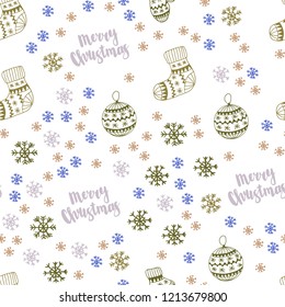 Light Blue, Yellow vector seamless pattern with christmas snowflakes, balls, socks, mittens. Shining colorful illustration in christmas style. Template for business cards, websites.