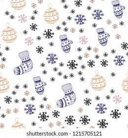 Light Blue, Yellow vector seamless pattern with christmas snowflakes, balls, socks, mittens. Shining colorful illustration in christmas style. Pattern for design of fabric, wallpapers.