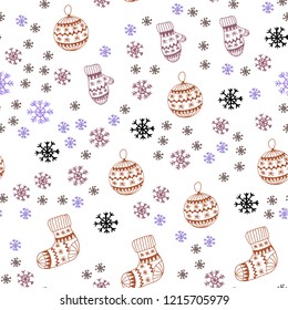 Light Blue, Yellow vector seamless pattern with christmas snowflakes, balls, socks, mittens. Glitter abstract illustration with gradient. Pattern for design of fabric, wallpapers.