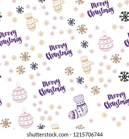 Light Blue, Yellow vector seamless template with ice snowflakes, balls, socks, mittens. Colorful illustration with xmas symbols. Template for business cards, websites.