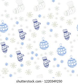 Light Blue, Yellow vector seamless cover with beautiful snowflakes, balls, socks, mittens. Glitter abstract illustration with gradient. Pattern for trendy fabric, wallpapers.