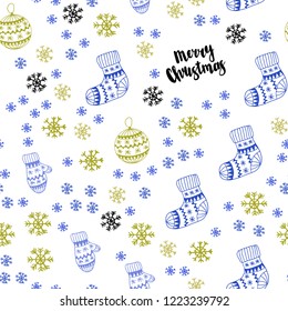 Light Blue, Yellow vector seamless texture with colored snowflakes, balls, socks, mittens. Colorful decorative design in xmas style. Design for wallpaper, fabric makers.