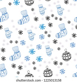 Light Blue, Yellow vector seamless texture with colored snowflakes, balls, socks, mittens. Shining colorful illustration in christmas style. Pattern for trendy fabric, wallpapers.