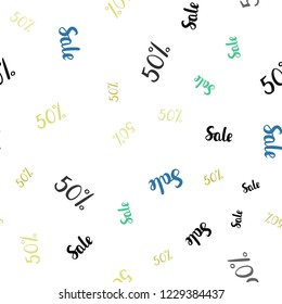 Light Blue, Yellow vector seamless texture with selling prices 50 %. Colored words of sales with gradient on white background. Backdrop for mega promotions, discounts.