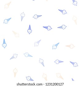 Light Blue, Yellow vector seamless cover with sundae ice-cream. Illustration with set of delicious sweet ice-cream cones. Pattern for ads of breakfast, lunch, dinner.