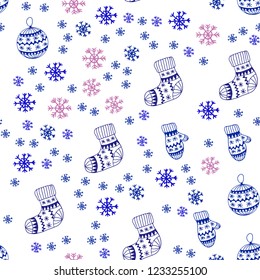 Light Blue, Yellow vector seamless layout with bright snowflakes, balls, socks, mittens. Colorful xmas elements with gradient. Texture for window blinds, curtains.