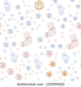 Light Blue, Yellow vector seamless background with xmas snowflakes, balls, socks, mittens. Shining colorful illustration in christmas style. Texture for window blinds, curtains.