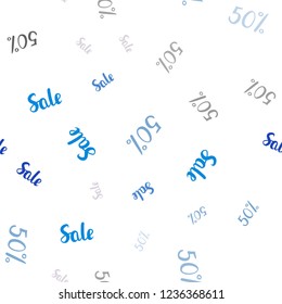 Light Blue, Yellow vector seamless texture with selling prices 50 %. Shining colorful illustration with isolated selling prices. Template for season sales, shopping ads.