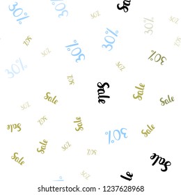 Light Blue, Yellow vector seamless texture with selling prices 30 %. Colored words of sales with gradient on white background. Backdrop for mega promotions, discounts.