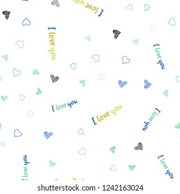 Light Blue, Yellow vector seamless layout with sweet hearts. Hearts on blurred abstract background with colorful gradient. Pattern for marriage gifts, congratulations.