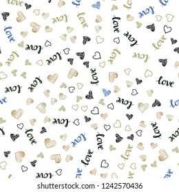 Light Blue, Yellow vector seamless backdrop with phrase LOVE YOU, hearts. Colorful gradient phrase LOVE YOU, hearts in abstract style. Pattern for trendy fabric, wallpapers.