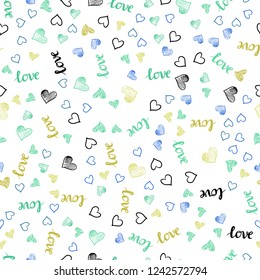 Light Blue, Yellow vector seamless pattern with phrase LOVE YOU, hearts. Colorful gradient phrase LOVE YOU, hearts in abstract style. Design for wallpaper, fabric makers.