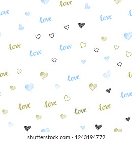 Light Blue, Yellow vector seamless texture with words LOVE YOU, hearts. Illustration with phrase LOVE YOU, hearts for valentine's day. Design for textile, fabric, wallpapers.