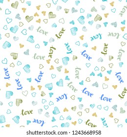 Light Blue, Yellow vector seamless template with text LOVE YOU, hearts. Colorful gradient phrase LOVE YOU, hearts in abstract style. Design for textile, fabric, wallpapers.