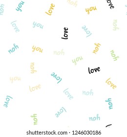 Light Blue, Yellow vector seamless cover with quote LOVE YOU. Illustration with phrase LOVE YOU for valentine's day. Pattern for trendy fabric, wallpapers.