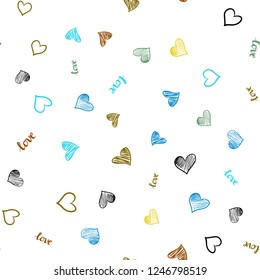 Light Blue, Yellow vector seamless template with text LOVE YOU, hearts. Design in doodle style with text LOVE YOU, hearts. Design for wallpaper, fabric makers.