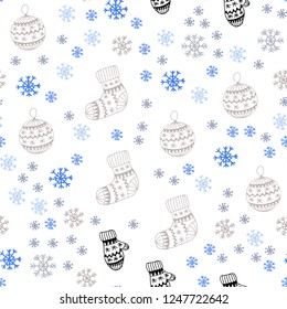 Light Blue, Yellow vector seamless background with xmas snowflakes, balls, socks, mittens. Modern geometric abstract illustration. Template for business cards, websites.
