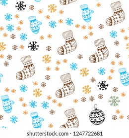 Light Blue, Yellow vector seamless template with ice snowflakes, balls, socks, mittens. Colorful illustration with xmas symbols. Texture for window blinds, curtains.