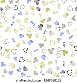 Light Blue, Yellow vector seamless background with words of love, hearts. Illustration with words of love, hearts in abstract style. Design for wallpaper, fabric makers.