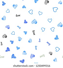 Light Blue, Yellow vector seamless backdrop with phrase LOVE YOU, hearts. Design in doodle style with text LOVE YOU, hearts. Texture for window blinds, curtains.
