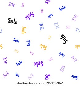 Light Blue, Yellow vector seamless cover with symbols of 30, 50, 70 % sales. Colored words of sales with gradient on white background. Backdrop for mega promotions, discounts.