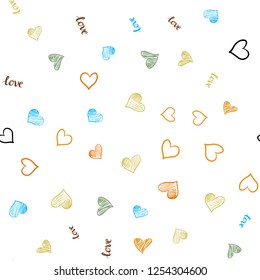 Light Blue, Yellow vector seamless pattern with phrase LOVE YOU, hearts. Colorful illustration with quote LOVE YOU, hearts. Texture for window blinds, curtains.