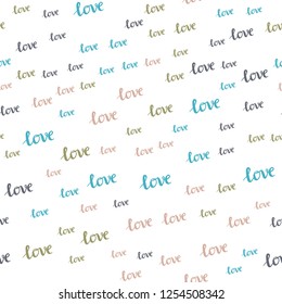 Light Blue, Yellow vector seamless background with words of love. Decorative illustration with words of love in abstract style. Texture for window blinds, curtains.