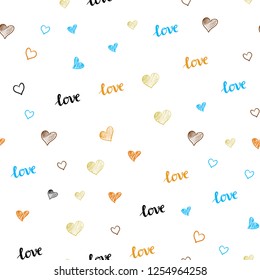 Light Blue, Yellow vector seamless cover with quote LOVE YOU, hearts. Illustration with phrase LOVE YOU, hearts for valentine's day. Texture for window blinds, curtains.