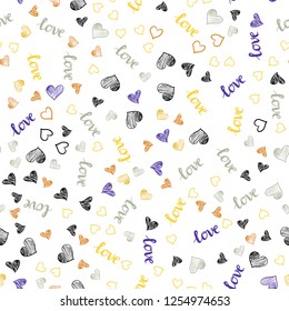 Light Blue, Yellow vector seamless backdrop with phrase LOVE YOU, hearts. Design in doodle style with text LOVE YOU, hearts. Design for textile, fabric, wallpapers.