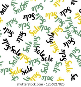Light Blue, Yellow vector seamless texture with selling prices 70, 90 %. Colored words of sales with gradient on white background. Pattern for ads, posters, banners of sales.
