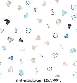 Light Blue, Yellow vector seamless texture with words LOVE YOU, hearts. Design in doodle style with text LOVE YOU, hearts. Design for wallpaper, fabric makers.