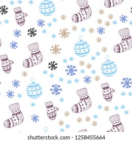 Light Blue, Yellow vector seamless texture with colored snowflakes, balls, socks, mittens. Shining colorful illustration in christmas style. Design for wallpaper, fabric makers.
