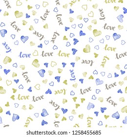 Light Blue, Yellow vector seamless background with words of love, hearts. Colorful gradient phrase LOVE YOU, hearts in abstract style. Pattern for trendy fabric, wallpapers.