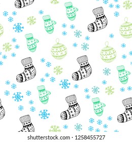 Light Blue, Yellow vector seamless layout with bright snowflakes, balls, socks, mittens. Modern geometric abstract illustration. Template for business cards, websites.
