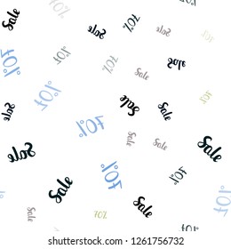 Light Blue, Yellow vector seamless pattern with 70 percentage signs. Shining colorful illustration with isolated selling prices. Template for season sales, shopping ads.