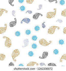 Light Blue, Yellow vector seamless elegant background with leaves and flowers. Shining colored illustration with leaves and flowers. Texture for window blinds, curtains.